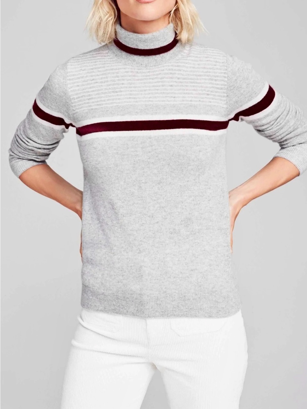 Faherty Solange Cashmere Sweater Pullover Turtleneck Heather Gray Burgundy L - Picture 2 of 12